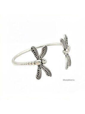 Antique Silver Tone Dragonfly Cuff Bracelet Open Bangle Bohemian Insect Jewelry